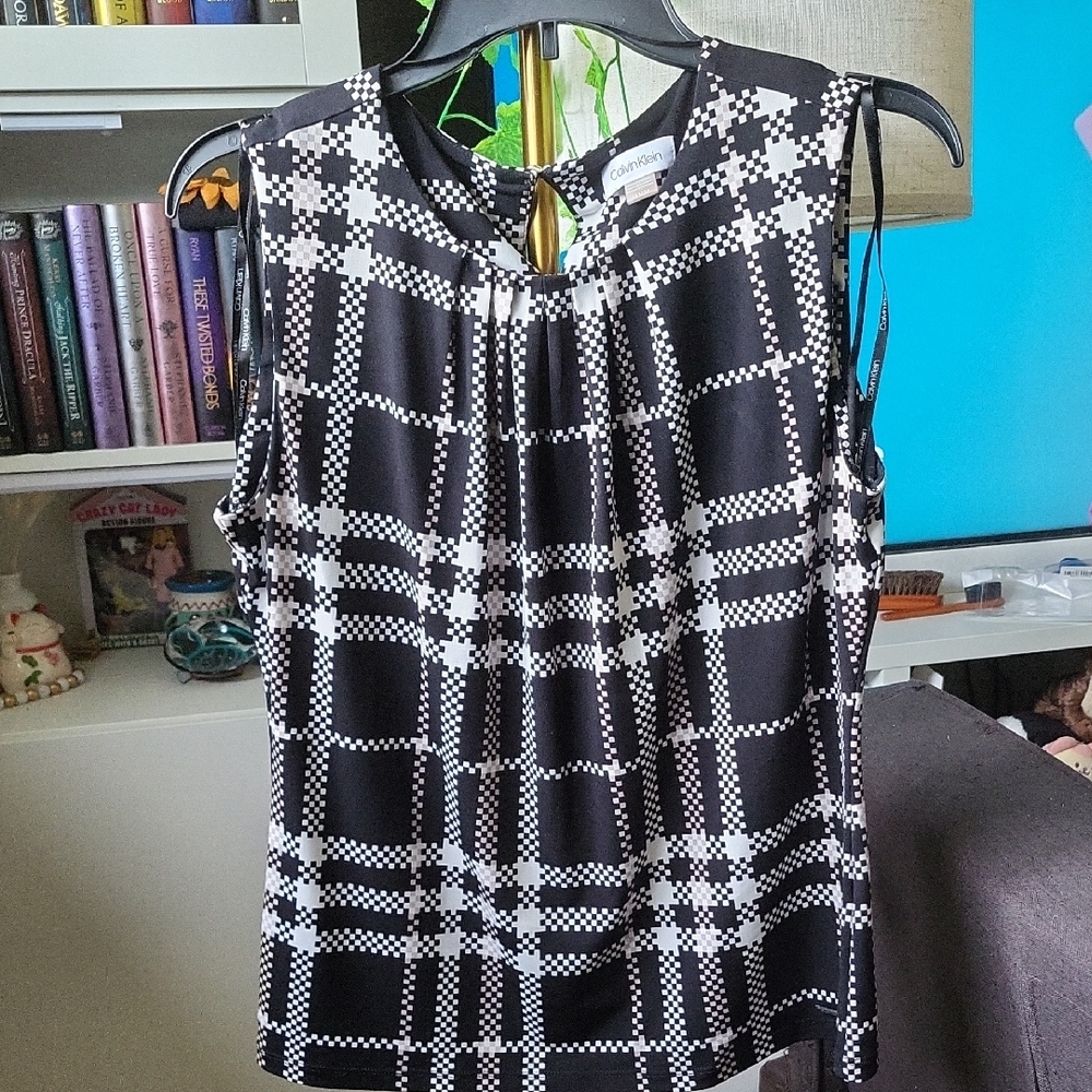 Calvin Klein Black and White Plaid Blouse